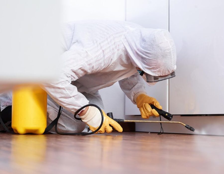 A pest control professional, dressed in protective gear, sprays a wall as part of a home service in Aurora, CO.